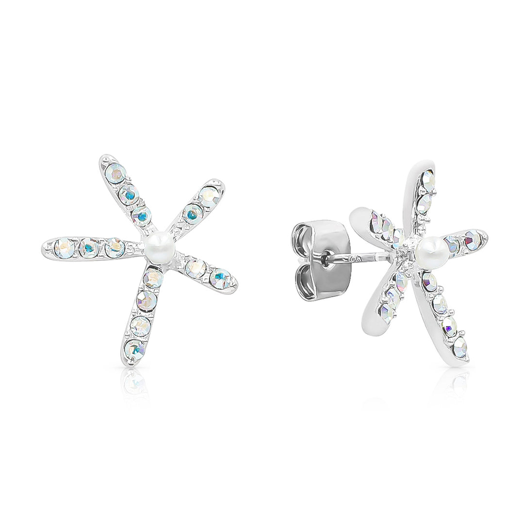 SO SEOUL Starfish White Pearl and Aurore Boreale Austrian Crystals Stud Earrings