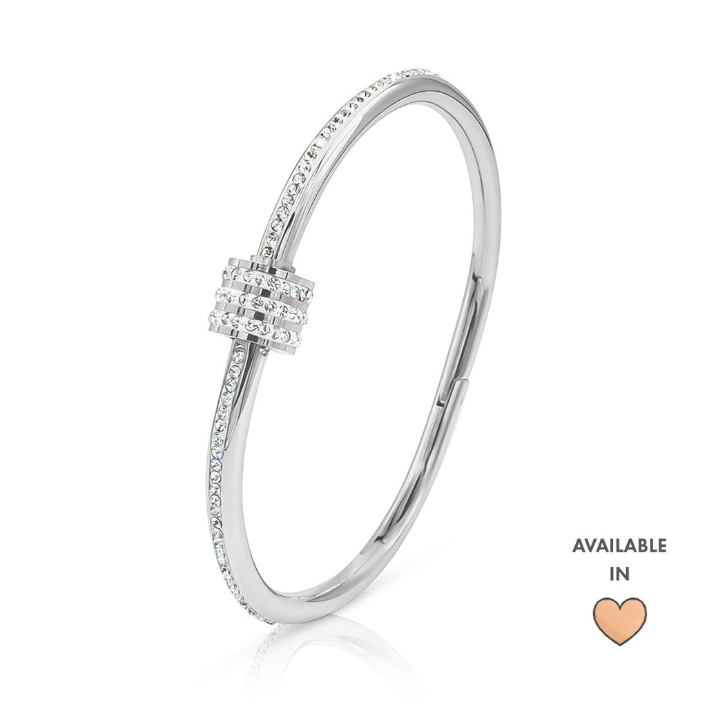 SO SEOUL Aurelia Rolling Barrel Bangle with White Austrian Crystals and Middle Screw Clasp in Silver or Rose Gold