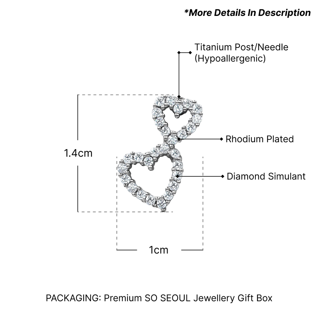 SO SEOUL Amora Twin Hearts Stud Earrings - Luminous Diamond Simulant Cubic Zirconia