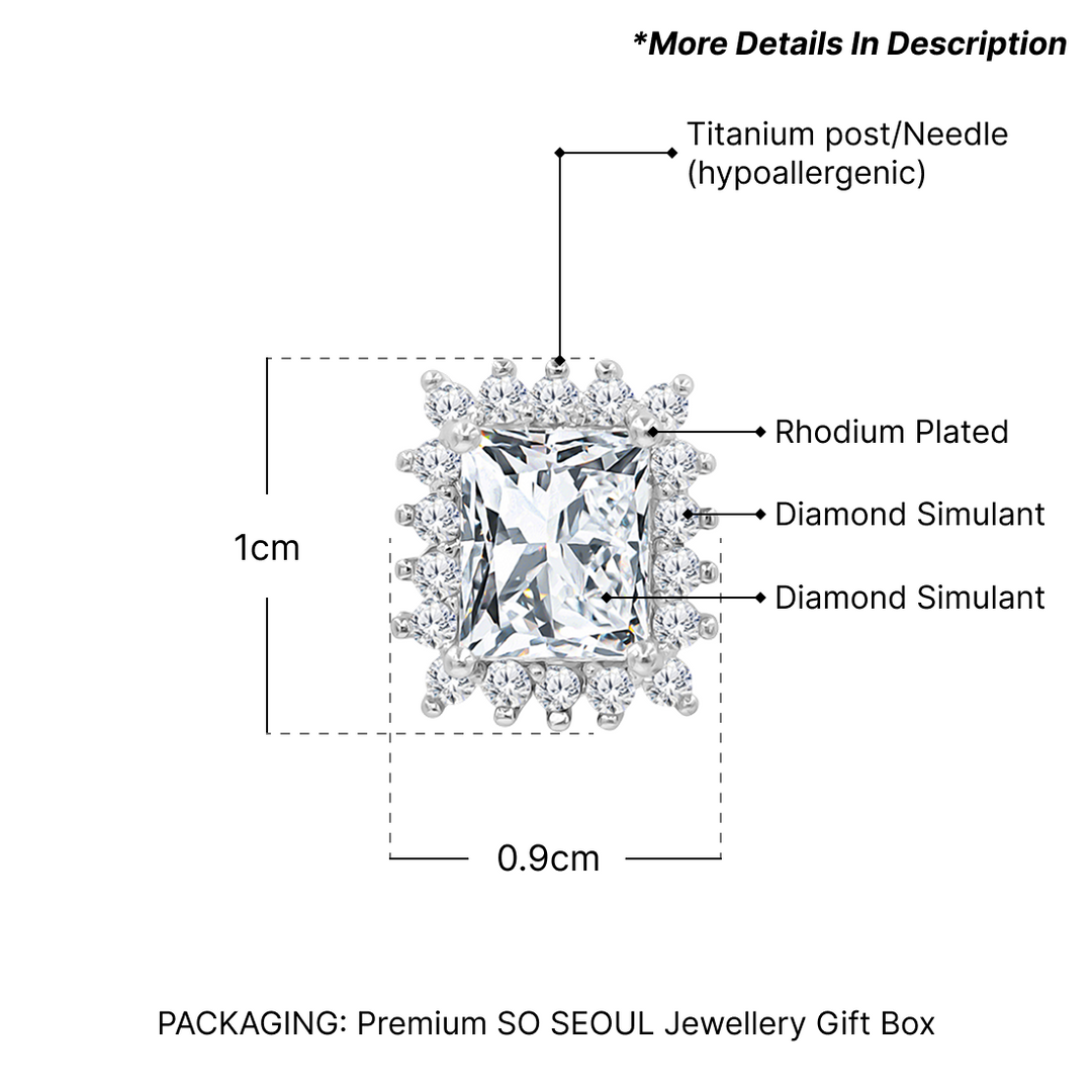 SO SEOUL Halo Emerald-Cut Diamond Simulant Cubic Zirconia Rectangle Stud Earrings