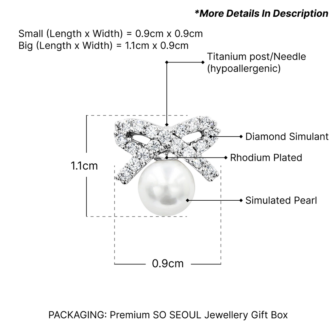 SO SEOUL Elegant Ribbon Bow Chic Pearl and Diamond Simulant Cubic Zirconia Stud Earrings