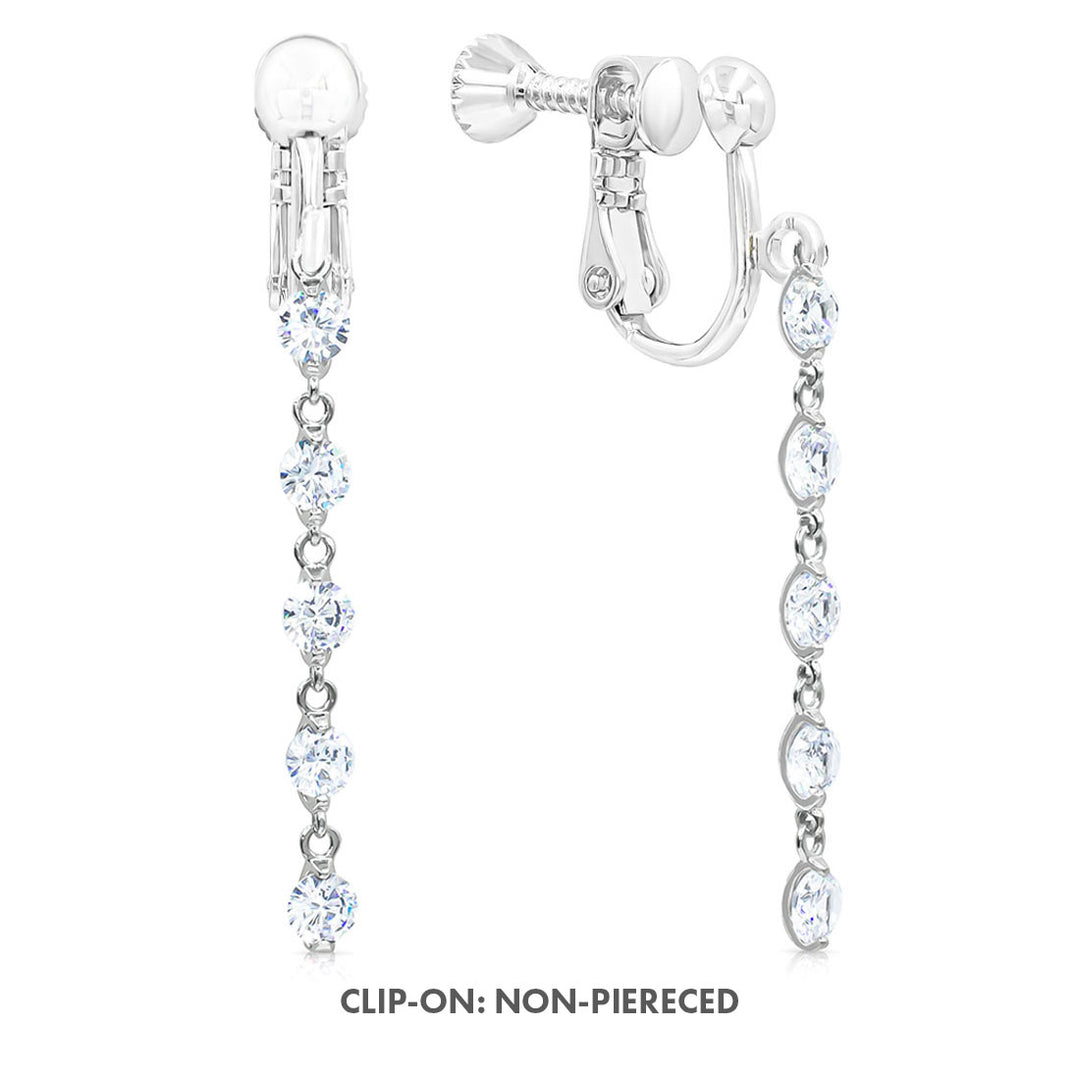 SO SEOUL Athena Quintuple Round Brilliant-Cut Diamond Simulant Zirconia Long Dangle Earrings with Hinge Hoop and Clip-On Options