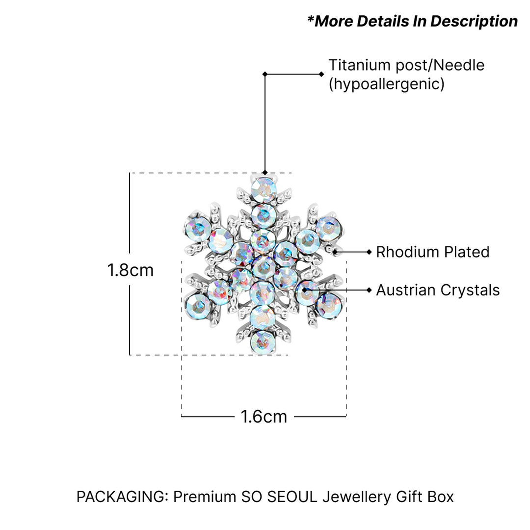 SO SEOUL Let it Snow Snowflake Earrings with Aurore Boreale or Blue Austrian Crystals - Pierced Stud Design