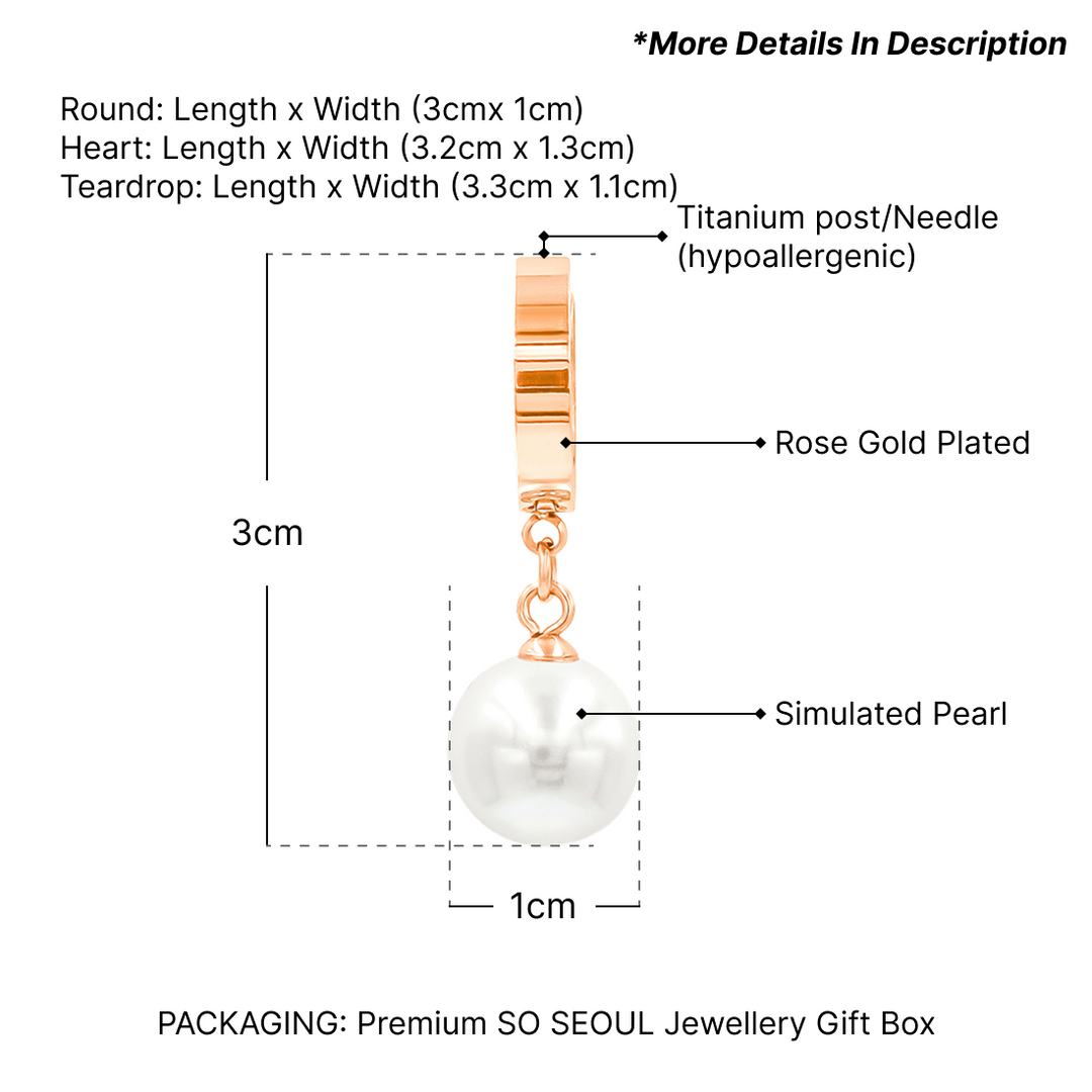 SO SEOUL Pearluxe Round Heart Teardrop Pearl in White Rose Gold Dangle Hoop Earrings