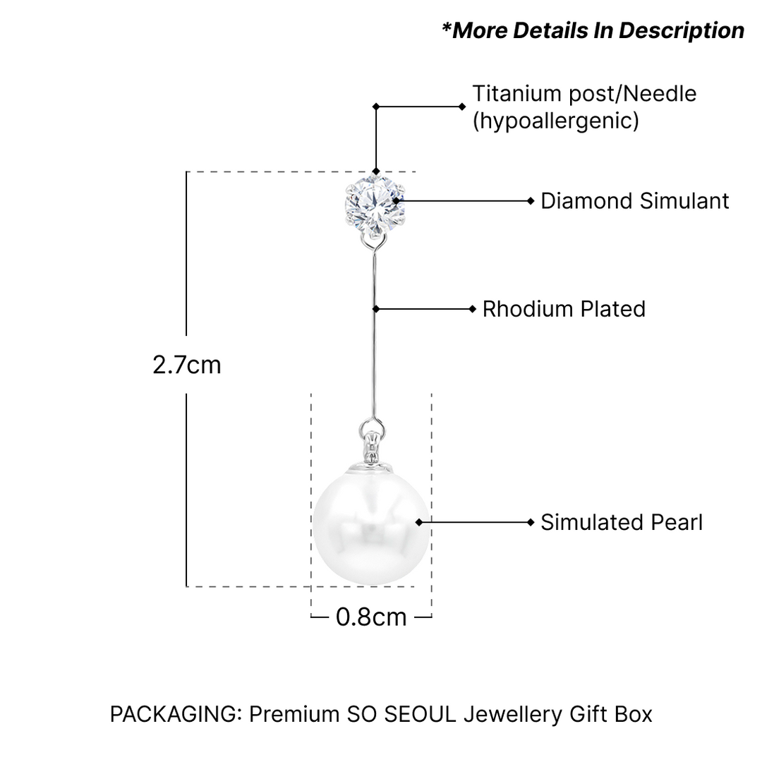 SO SEOUL Everleigh Classic Diamond Simulant Cubic Zircon Long Dangle Pearl Pierced Stud Earrings